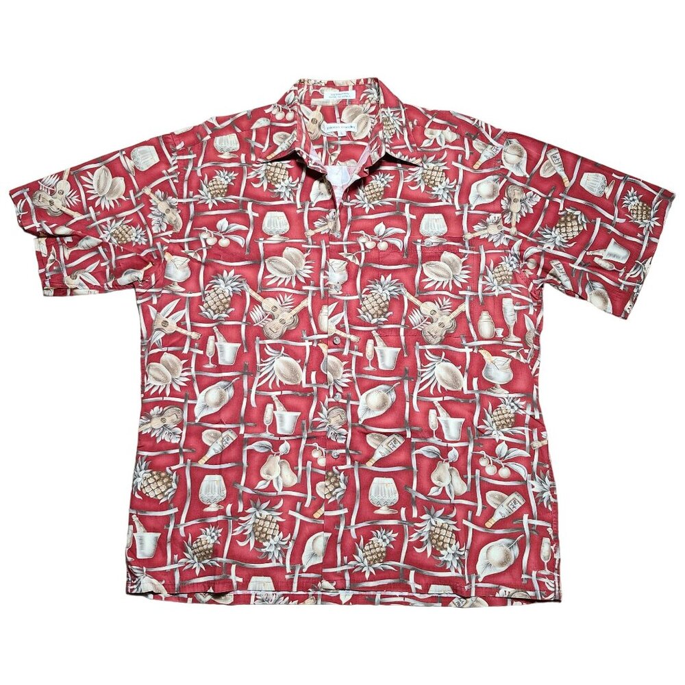 Pierre Cardin Hawaiian Aloha Shirt Mens Button Up Large Red Pineapple Ukulele